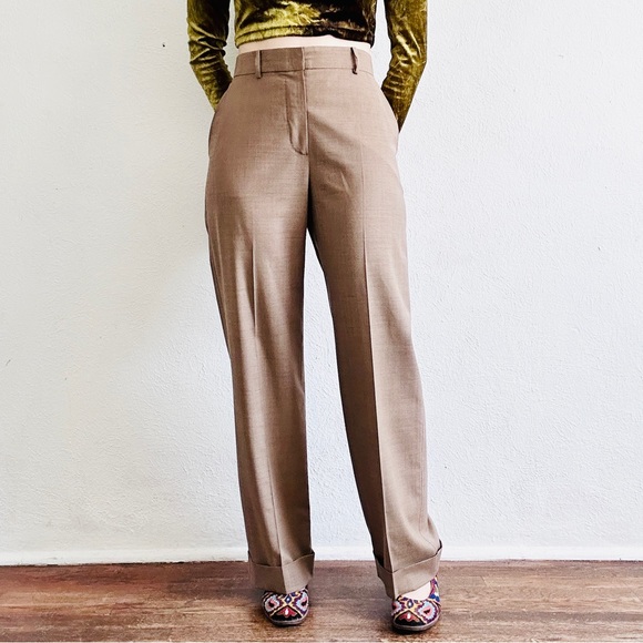 MAXMARA Italian Wool Mohair Beige Wide Leg High Cuff Waisted Trousers Pants - Picture 9 of 12